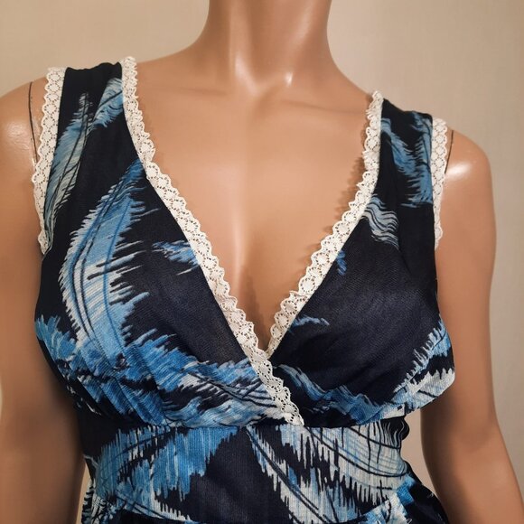 Vintage 70s Nylon Maxi Peignoir Set Sz S Nightgown Wrap Robe Blue Feather Print - Picture 2 of 10